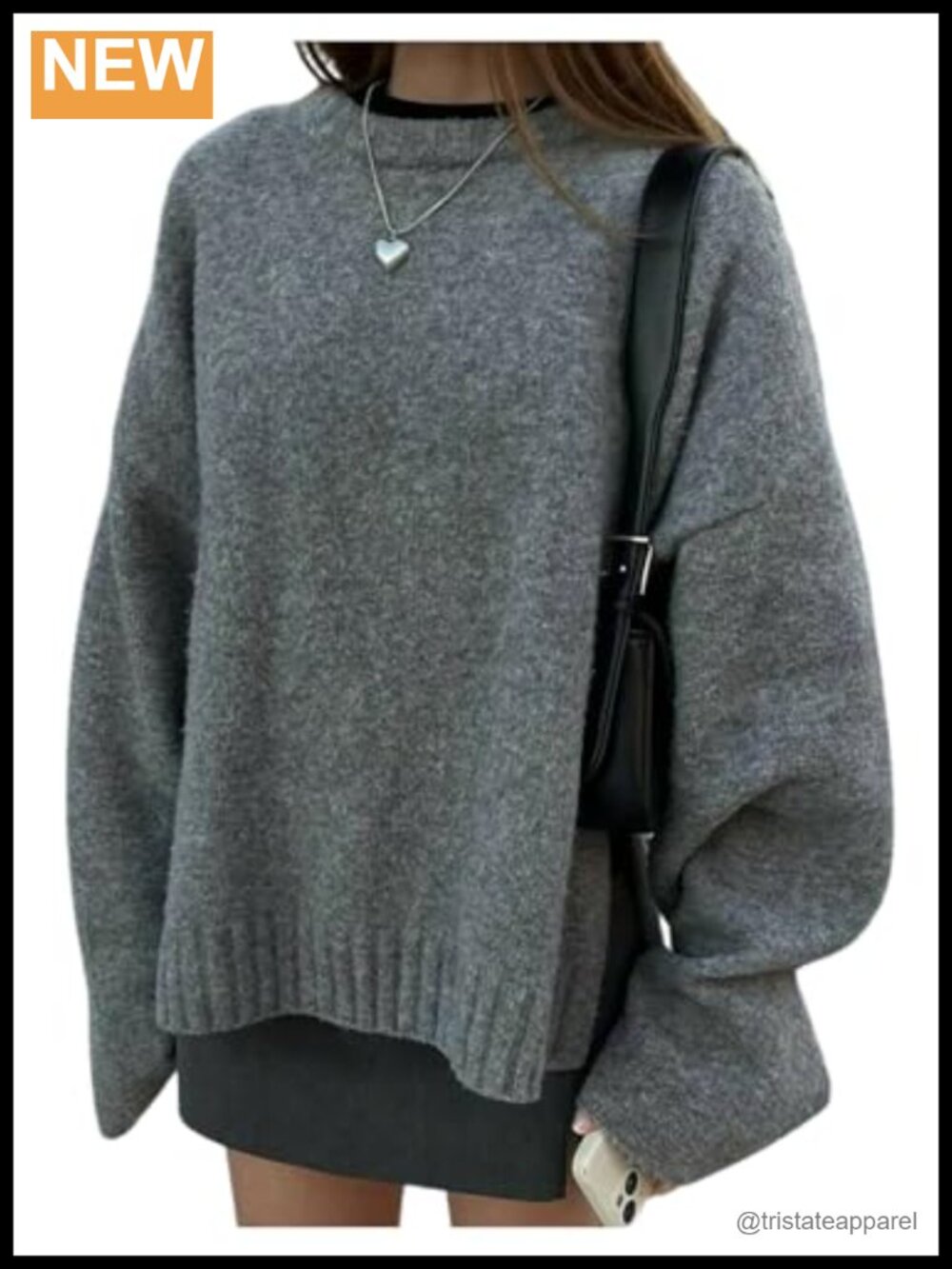Oversized Chunky Knit Pullover Sweater Crew Neck Drop Shoulder Split Hem